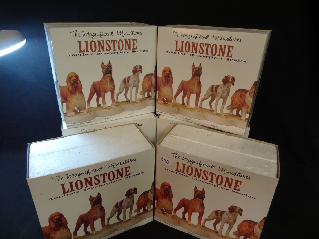SET OF SIX LIONSTONE MINIATURE DOG DECANTERS: COLLIE, P: SET OF SIX LIONSTONE MINIATURE DOG DECANTERS: COLLIE, POINTER, POODLE, BOXER, AMERICAN COCKER SPANIEL, AND GERMAN SHEPHERD. 5-6'' TALL, 1975, MINT IN BOX.
