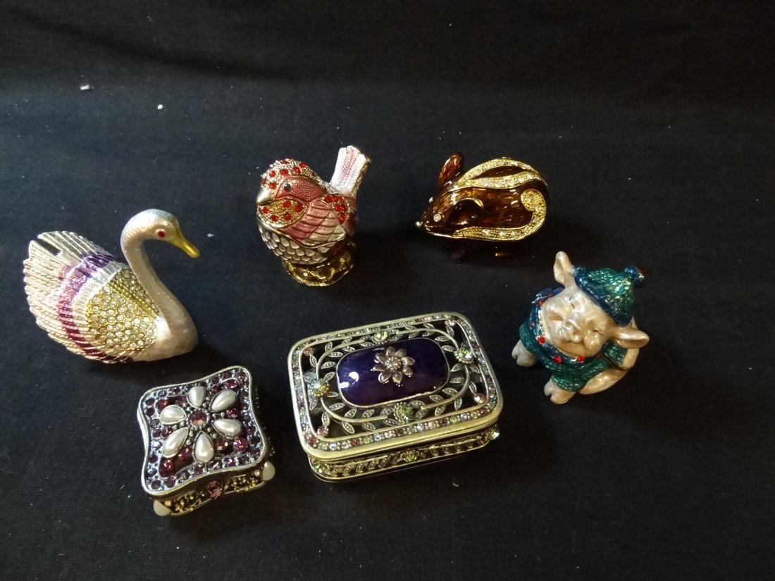 Collection Of Six Enamel And Rhinestone Trinket Boxes:: COLLECTION OF SIX ENAMEL AND RHINESTONE TRINKET BOXES: BIRD, PIG, SWAN, MOUSE, AND TWO BOXES. EXCELLENT CONDITION.