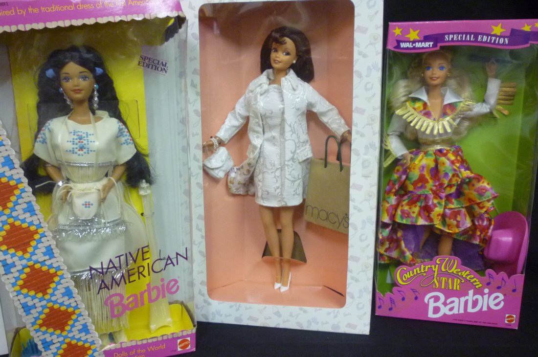 COUNTRY WESTERN STAR BARBIE, NATIVE AMERICAN BARBIE (BO: COUNTRY WESTERN STAR BARBIE, NATIVE AMERICAN BARBIE (BOX IS DAMAGED), AND CITY SHOPPER BARBIE, MIB.