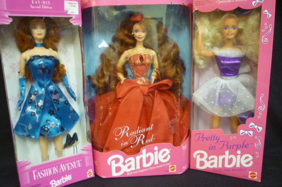 PRETTY IN PURPLE BARBIE, FASHION AVENUE BARBIE, AND RAD: PRETTY IN PURPLE BARBIE, FASHION AVENUE BARBIE, AND RADIANT IN RED BARBIE, MIB.