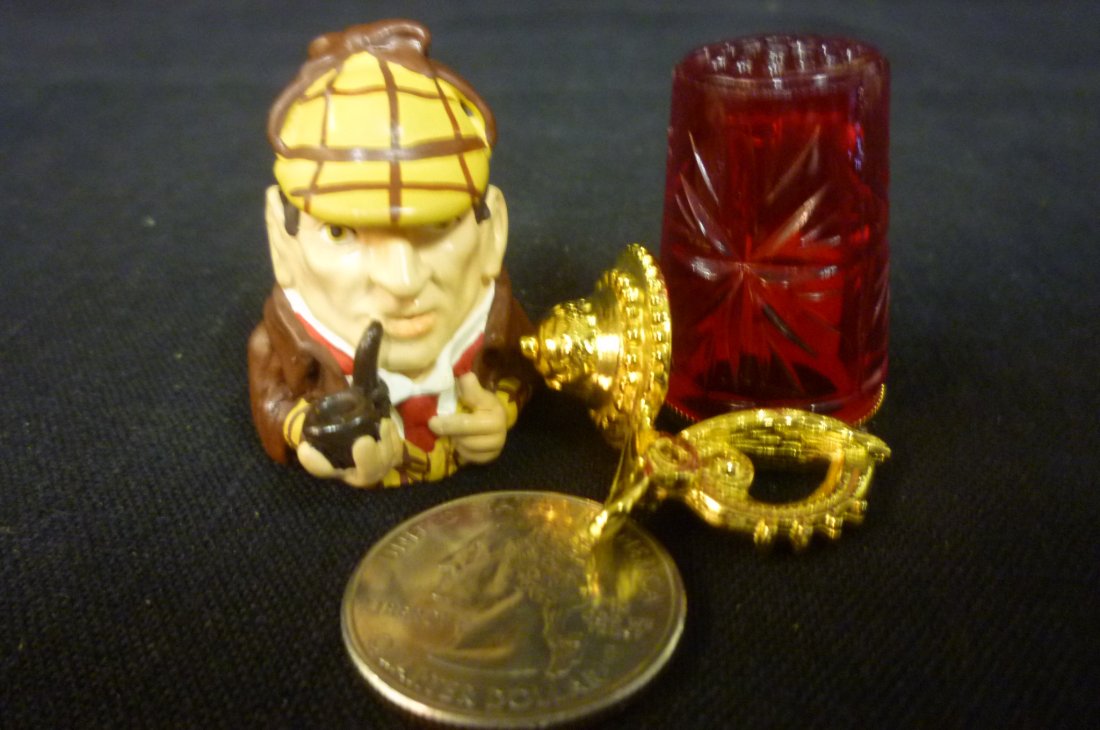 TWO THIMBLES OF SHERLOCK HOLMES AND RED BEER STEIN.: TWO THIMBLES OF SHERLOCK HOLMES AND RED BEER STEIN.