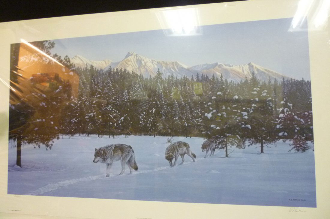 R.S. PARKER, EVENING GLOW-WOLF PACK, UNFRAMED PRINT 396: R.S. PARKER, EVENING GLOW-WOLF PACK, UNFRAMED PRINT 396/950 WITH CC, 38'' X 23'' ARTIST SIGNED, 1987