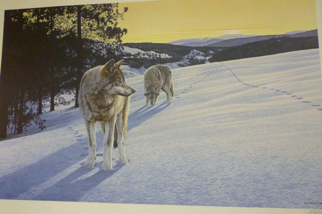 R.S. PARKER, AT END OF DAY - WOLVES, UNFRAMED 690/950 W: R.S. PARKER, AT END OF DAY - WOLVES, UNFRAMED 690/950 WITH CC, 37'' X 24'' ARTIST, 1986