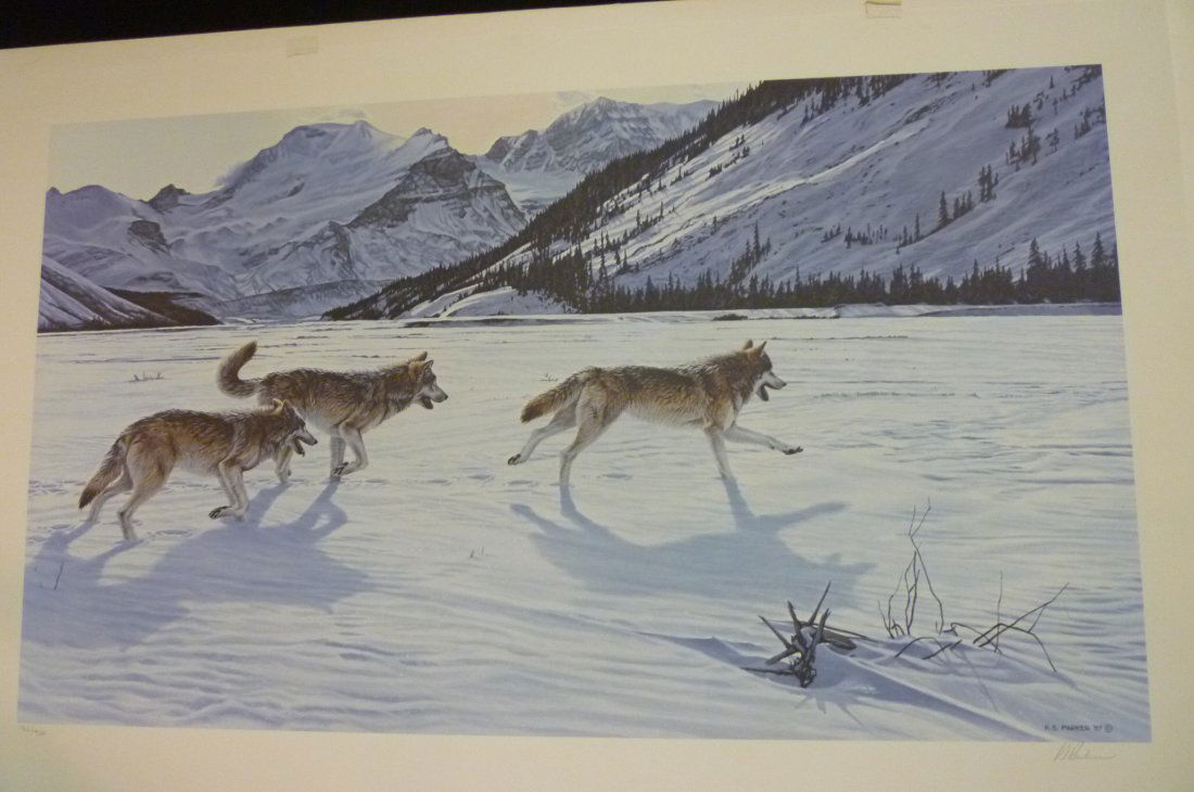 R.S. PARKER, ON THE RUN-WOLF PACK, UNFRAMED PRINT 132/9: R.S. PARKER, ON THE RUN-WOLF PACK, UNFRAMED PRINT 132/950 WITH CC, 37'' X 24''.ARTIST SIGNED, 1987