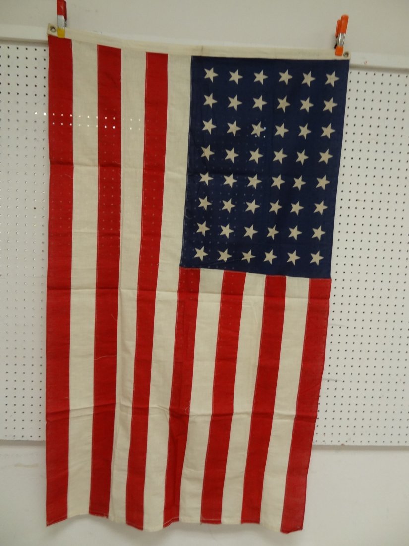 48 STAR FLAG VINTAGE USA AMERICAN ''PREMIER'' STAMPED: VINTAGE USA AMERICAN 48 STAR FLAG, ''PREMIER'' STAMPED SIGNATURE, LITE WEIGHT, 3' X 5'