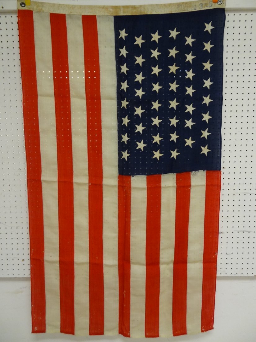 46 STAR FLAG VINTAGE USA AMERICAN ''STANDARD'' SIGNATU: VINTAGE USA AMERICAN 46 STAR FLAG, ''STANDARD'' SIGNATURE, SMALL HOLES THROUGHOUT, 3' X 5'