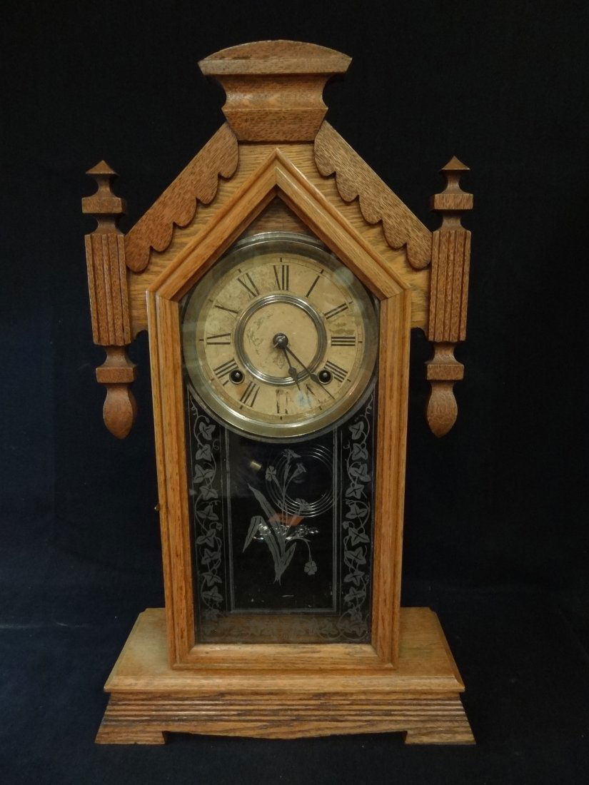 ANTIQUE ANSONIA WALL CLOCK WITH ETCHED FLORAL DESIGN ON: ANTIQUE ANSONIA WALL CLOCK WITH ETCHED FLORAL DESIGN ON GLASS, GOOD CONDITION WITH SOME WEAR ON FACE. MADE IN ANSONIA, CONN. 12'' WIDE X 21'' TALL. WEIGHS 6 LBS. HAS ORIGINAL LABEL ON BACK. TAHSAC IS