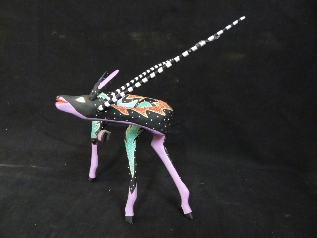 OAXCAN WOOD CARVING FOLK ART OF AN ANTELOPE, SIGNED JES - 2