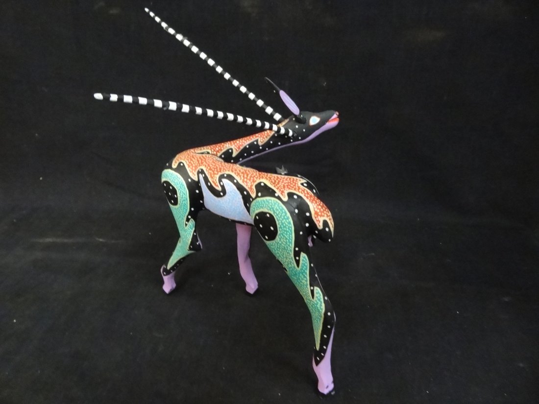 OAXCAN WOOD CARVING FOLK ART OF AN ANTELOPE, SIGNED JES - 4