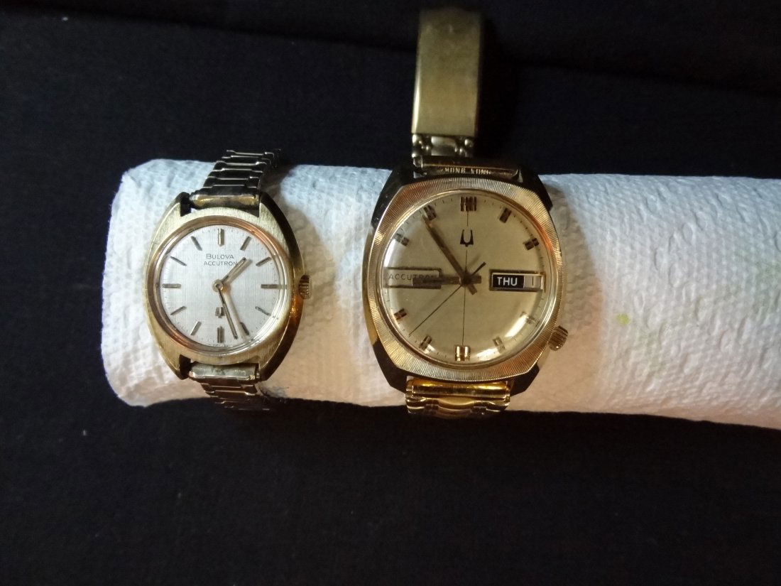 TWO BULOVA ACCURON WATCHES: BOTH ARE BULOVA ACCURON 10K: TWO BULOVA ACCURON WATCHES: BOTH ARE BULOVA ACCURON 10KT RGP BACK, GOLD ELECTROPLATED BEZEL.