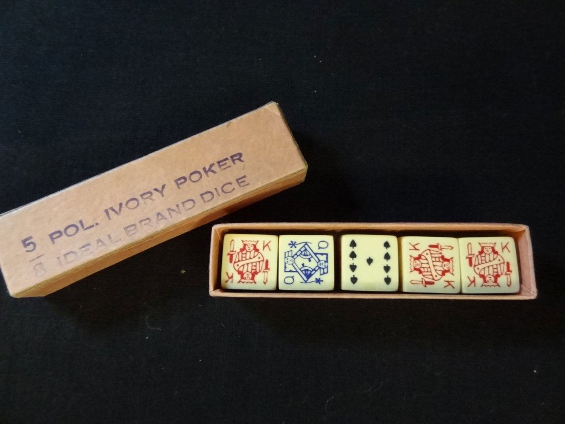 IVORY POKER DICE, 5/8 INCH BY IDEAL BRAND DICE, NINE TH: IVORY POKER DICE, 5/8 INCH BY IDEAL BRAND DICE, NINE THROUGH ACE.