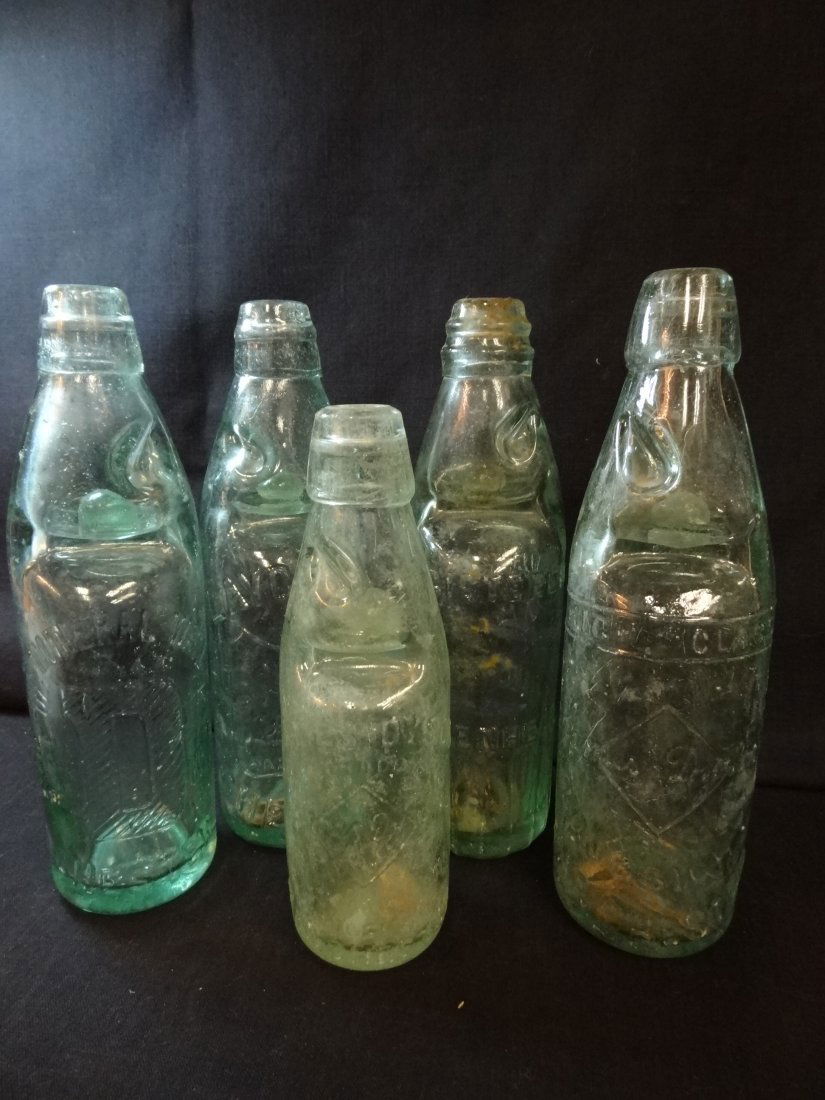 FIVE AQUA MARBLE NECKED BOTTLES: THREE JAMES DYSON, ONE: FIVE AQUA MARBLE NECKED BOTTLES: THREE JAMES DYSON, ONE LAYCOCKS, AND THE DEE MINERAL WATER CO.