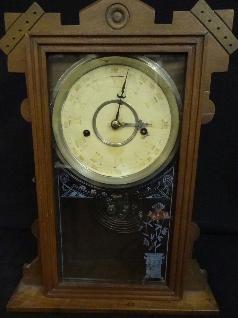 MANTLE/WALL CLOCK, WATERBURY CLOCK CO., ETCHED: MANTLE/WALL CLOCK, WATERBURY CLOCK CO., ETCHED GLASS DOOR WITH ASIAN MOTIF, 11 X 15 1/2''. TAHSAC IS NOT EQUIPPED TO SHIP THIS ITEM. PLEASE CALL FOR LOCAL SHIPPING COMPANY'S CONTACT INFORMATION.
