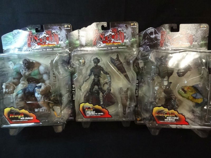 HOUSE OF THE DEAD 7'' ACTION FIGURES: (3) STRENGTH WI: HOUSE OF THE DEAD 7'' ACTION FIGURES (3): STRENGTH WITH CHAINSAW, KON WITH MASK AND MURRER WORMS, AND HIEROPHANT WITH TRIDENT AND MOFISH. PALISADES/SEGA 2000, AGES 13+.