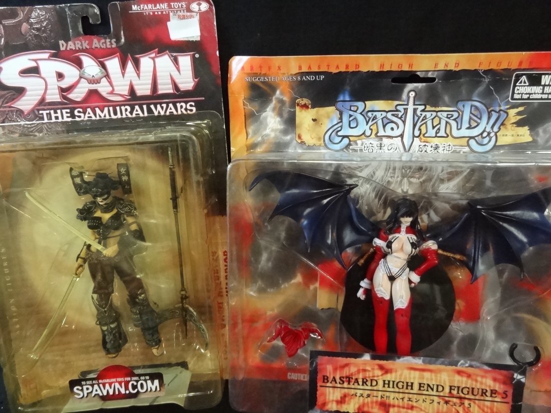 ONE DARK AGES SPAWN THE SAMURAI WARS 6'' ACTION FIGURE,: ONE DARK AGES SPAWN THE SAMURAI WARS 6'' ACTION FIGURE, MCFARLANE TOYS, 2001, AGES 3+ AND BASTARD HIGH END FIGURE 5, 6'' TALL, KOTO INC., AGES 3+, BOXES SHOW SOME WEAR.