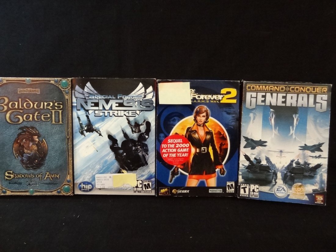 FOUR VIDEO GAMES: BALDUR'S GATE II SHADOWS OF AMN, NO O: FOUR VIDEO GAMES: BALDUR'S GATE II SHADOWS OF AMN, NO ONE LIVES FOREVER 2 A SPY IN H.A.R.M.'S WAY, SPECIAL FORGES NEMESIS STRIKE AND COMMAND CONQUER GENERALS, SOME WEAR ON BOXES.