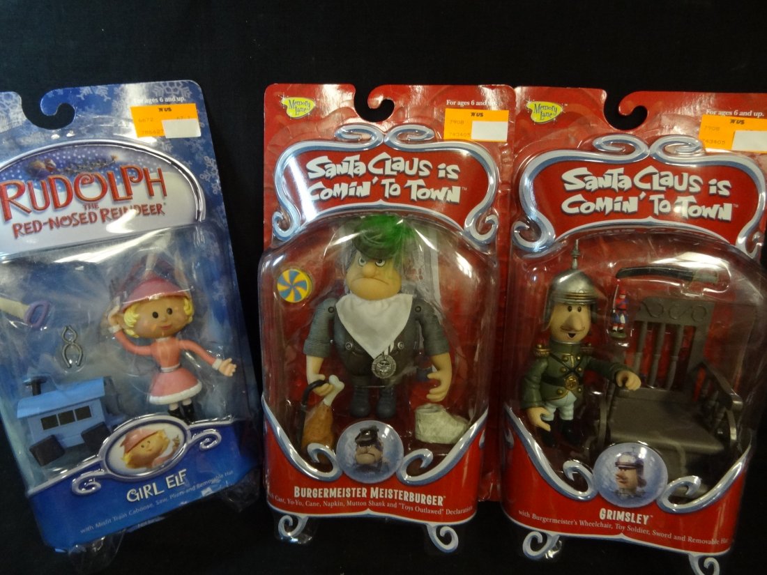 THREE MEMORY LANE TOYS: RUDOLPH THE RED-NOSED REINDEER : THREE MEMORY LANE TOYS: RUDOLPH THE RED-NOSED REINDEER GIRL ELF WITH MISFIT TRAIN CABOOSE, SAW, PLIERS AND REMOVABLE HAT; SANTA CLAUS IS COMING TO TOWN GRIMSLEY WITH BURGERMEISTER'S WHEELCHAIR, TOY SO