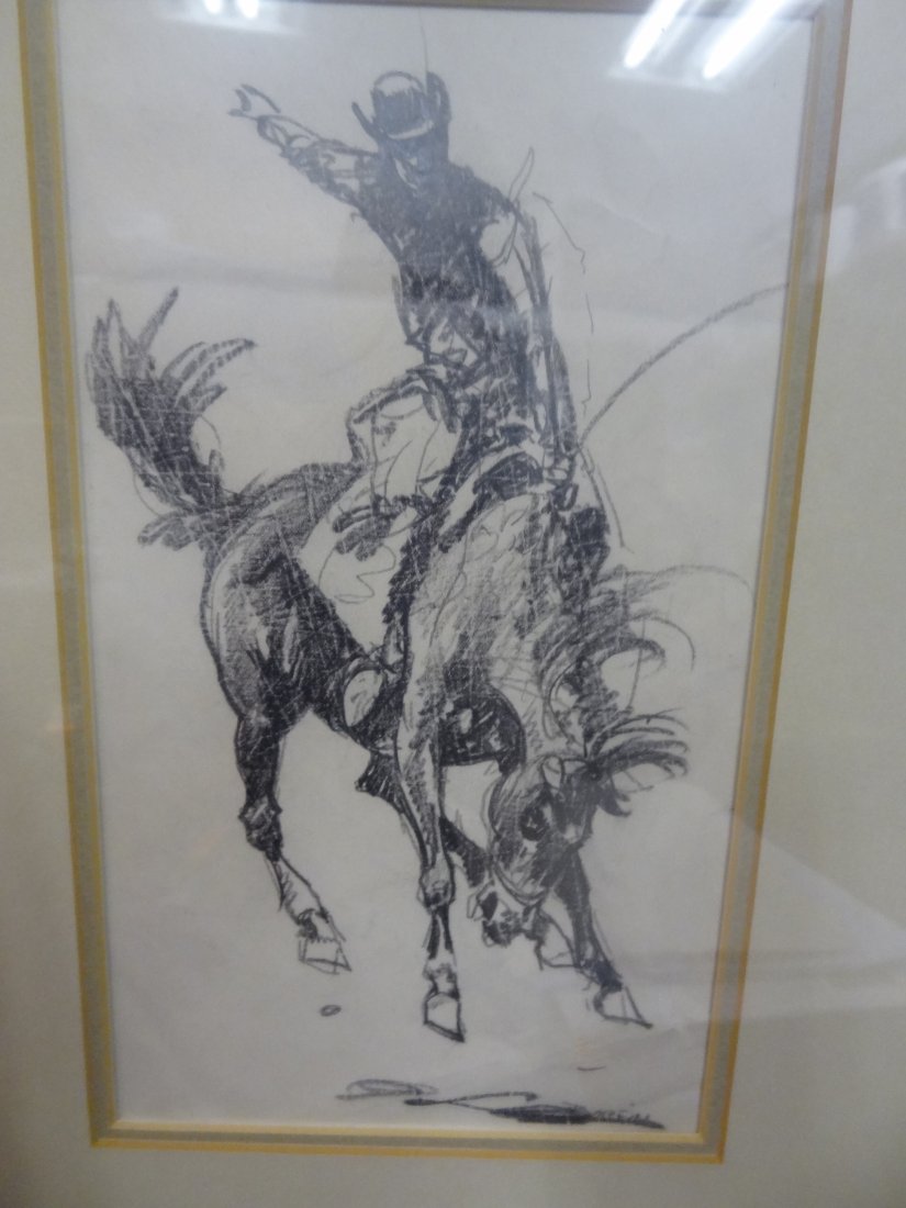 EDWARD BOREIN ''BUCKING HORSE'' ORIGINAL DRAWING, ART S: EDWARD BOREIN ''BUCKING HORSE'' ORIGINAL DRAWING, ART SIZE 6'' X 10'', FRAMED SIZE 12'' X 17 1/2''. INCLUDES ORIGINAL BILL OF SALE.