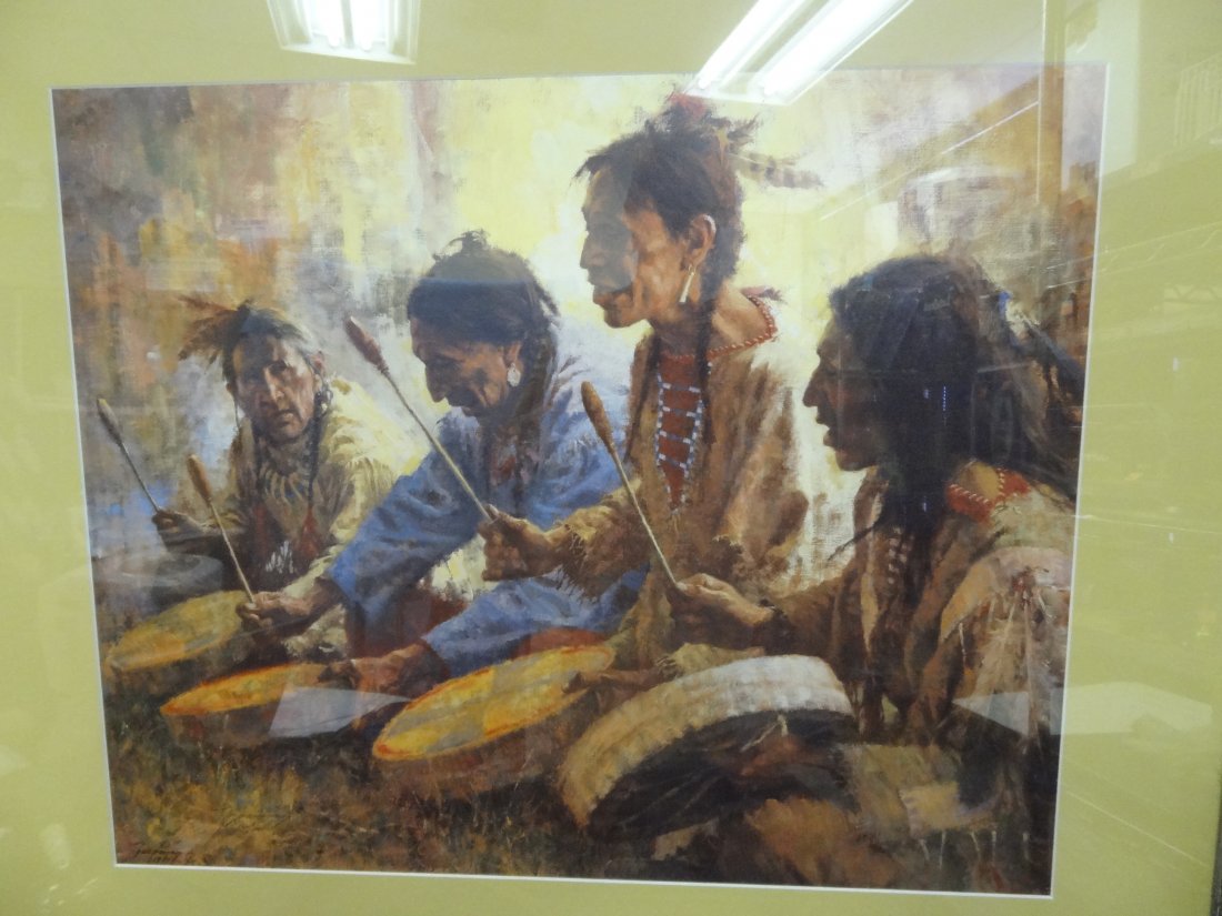 HOWARD TERPNING ''FOUR SACRED DRUMMERS'' FRAMED PRINT 1: HOWARD TERPNING ''FOUR SACRED DRUMMERS'' FRAMED PRINT 164/1000 CIRCA 1991, ART SIZE 26'' X 21'', FRAMED 37 1/2'' X 33'' ARTIST SIGNED. TAHSAC IS NOT EQUIPPED TO SHIP THIS ITEM. PLEASE CALL FOR LOCAL S