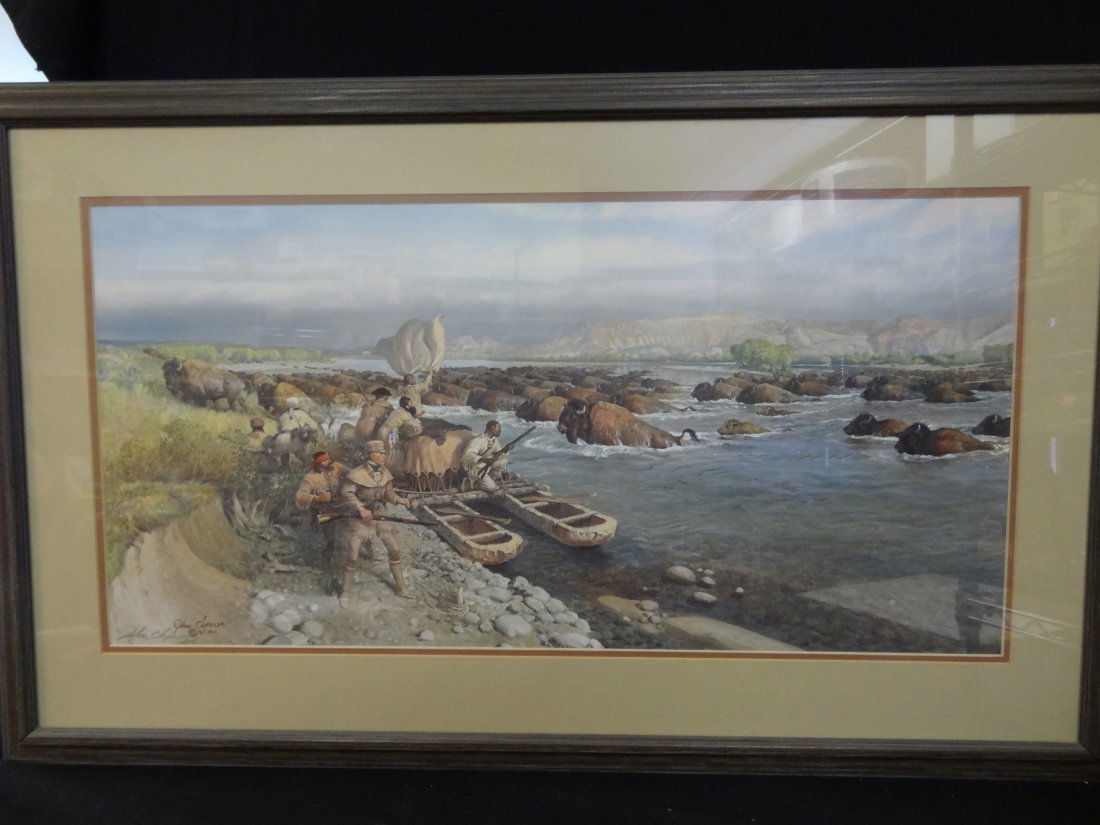 JOHN CLYMER ''BUFFALO HUNT'' FRAMED PRINT 143/975 CIRCA: JOHN CLYMER ''BUFFALO HUNT'' FRAMED PRINT 143/975 CIRCA 1976, ART SIZE 27'' X 13 1/2'', FRAMED 34'' X 21 1/2'', ARTIST SIGNED. TAHSAC IS NOT EQUIPPED TO SHIP THIS ITEM. PLEASE CALL FOR LOCAL SHIPPING