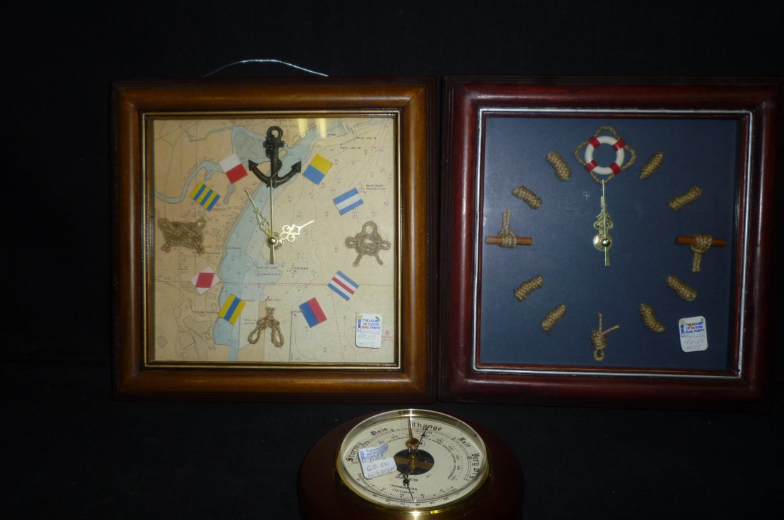 WALL CLOCKS (3). MARITIME THEMED. INTERNATIONAL FLA: 3 WALL CLOCKS. MARITIME THEMED. INTERNATIONAL FLAGS, NAUTICAL. THERMOMETER.
