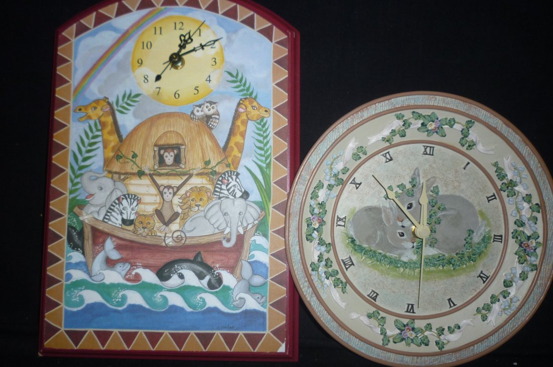 CHILDREN'S THEMED WALL CLOCKS (2). PETER RABBIT AND NO: CHILDREN'S THEME WALL CLOCKS (2). PETER RABBIT AND NOAHS ARK.