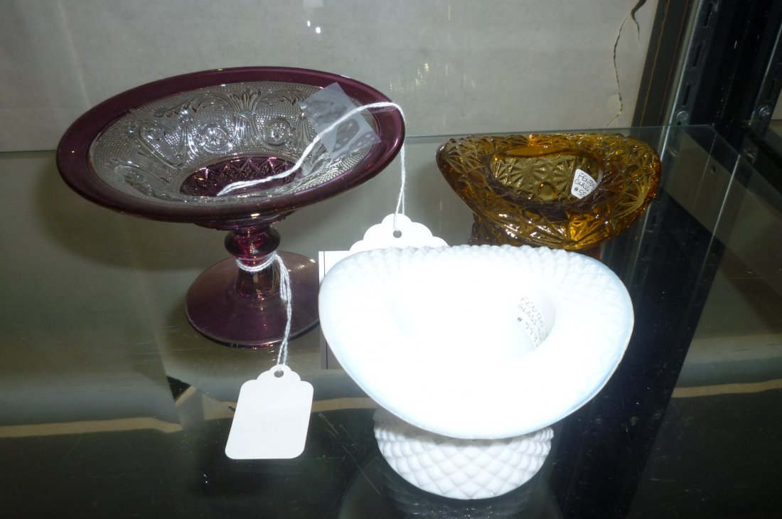 FENTON GLASS TOP HATS AND COMPOTE: MILK GLASS TOP HAT,: FENTON GLASS TOP HATS AND COMPOTE: MILK GLASS TOP HAT, AMBER GLASS TOP HAT, RUBY AND CRYSTAL FOOTED COMPOTE (3 PIECES)
