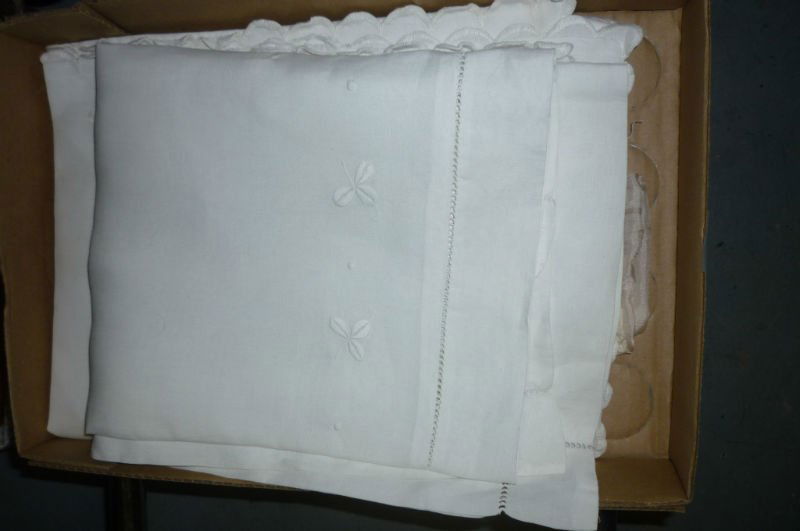 VINTAGE EMBROIDERED PILLOW CASES, LACE BUTTON CLOSURES,: VINTAGE EMBROIDERED PILLOW CASES, LACE BUTTON CLOSURES, TABLE TOPPERS, APRON WITH NO STRINGS, PLUS OTHERS, SOME STAINS