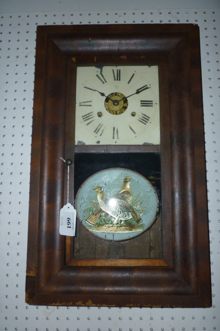 SETH THOMAS OG WALL CLOCK WITH WOOD CASEMENT, METAL: SETH THOMAS OG WALL CLOCK WITH WOOD CASEMENT, METAL FACE, PHEASANT STENCILED GLASS ON BOTTOM PANEL ON DOOR. MEASURES 25'' TALL BY 15'' WIDE. AS FOUND.