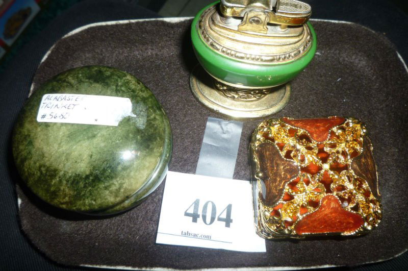 TRINKET BOXES AND VINTAGE LIGHTER: ONE GREEN ALABASTER: TRINKET BOXES AND VINTAGE LIGHTER: ONE GREEN ALABASTER BOX, ONE GREEN LIGHTER WITH GOLD TONE DETAILING, ONE GOLD TONE BOX WITH AMBER DETAILS