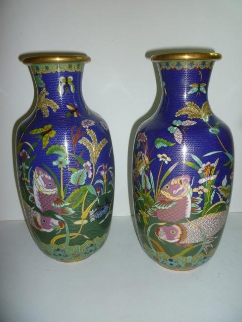 CLOISONNE'S VASES: PAIR WITH KOI FISH DESIGN. APPROX. 1: CLOISONNE'S VASES: PAIR WITH KOI FISH DESIGN. APPROX. 11.5'' TALL. STAMPED BOTTOMS.