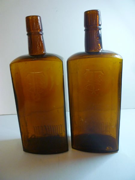 ANTIQUE BOTTLES: TL&C AMBER GLASS BOTTLES SET OF 2: ANTIQUE BOTTLES: TL&C AMBER GLASS BOTTLES SET OF 2