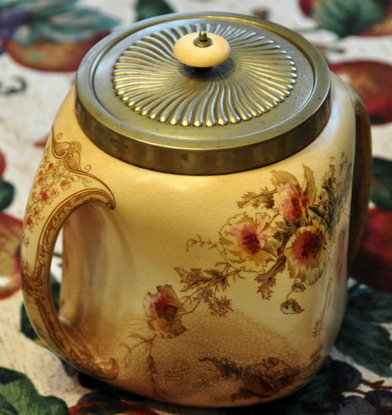 COOKIE JAR: ROYAL DOULTON, 1896, FLORAL & GOLD DESIGN: Royal Doulton, 1896, Beautiful cookie jar, outstanding unusual design. Pretty flowers and gold design. Stamped in the bottom. Has bone handle on the cover. Cover and rim possibly sterling. Cover is mo