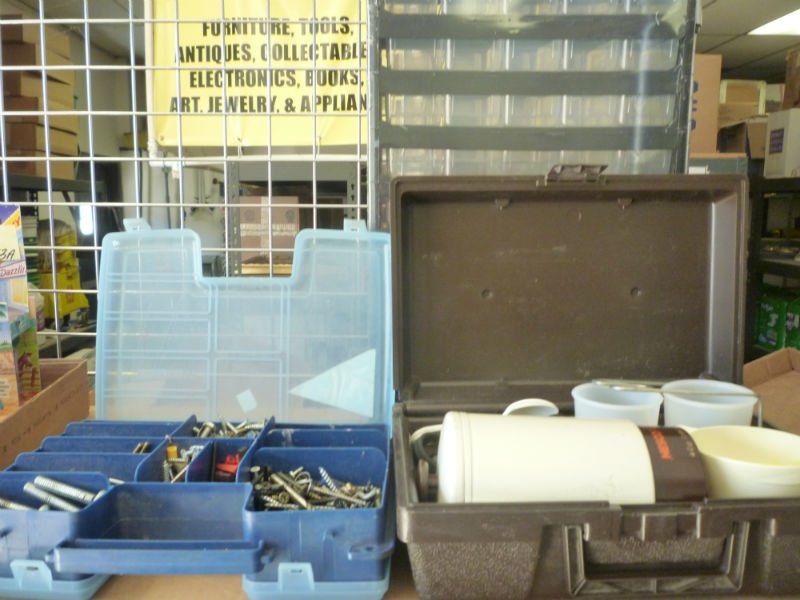 TOOL BOXES AND MESS KIT: ONE BOX FILLED WITH: TOOL BOXES AND MESS KIT: ONE BOX FILLED WITH SCREWS AND BOLTS, ONE NEW STILL PACKAGED ORGANIZER