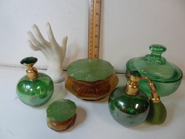 VINTAGE VANITY SET: PERFUME BOTTLES, 2 POWDER JARS WITH: WITH LIDS AND SMALL TRINKET BOX WITH LID. ALSO ONE PORCELAIN RING HOLDER