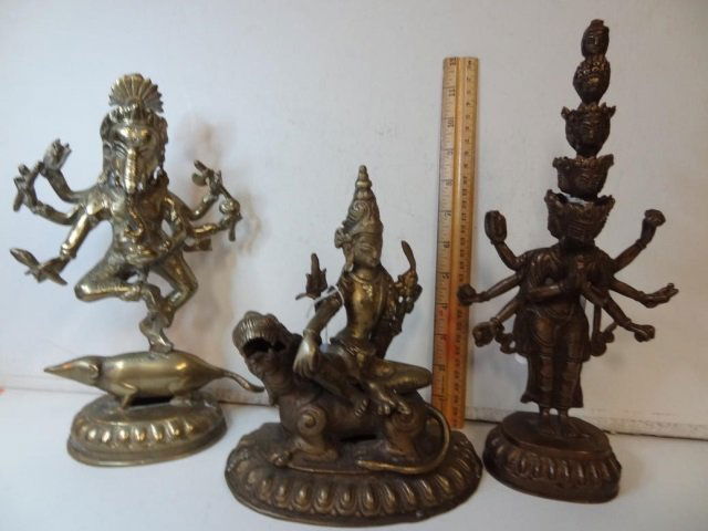 MIDDLE EASTERN FIGURINES: MADE OF BRASS, GROUP OF 3.: GROUP OF 3. TALLEST IS APPROX. 12"