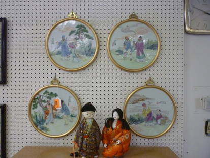 FRAMED ASIAN ART: HAND PAINTED TILES, CIRCULAR, GOLD: GOLD FRAMES, METAL MOTIF TO HANG, ALL APPROX. 13" ACROSS.