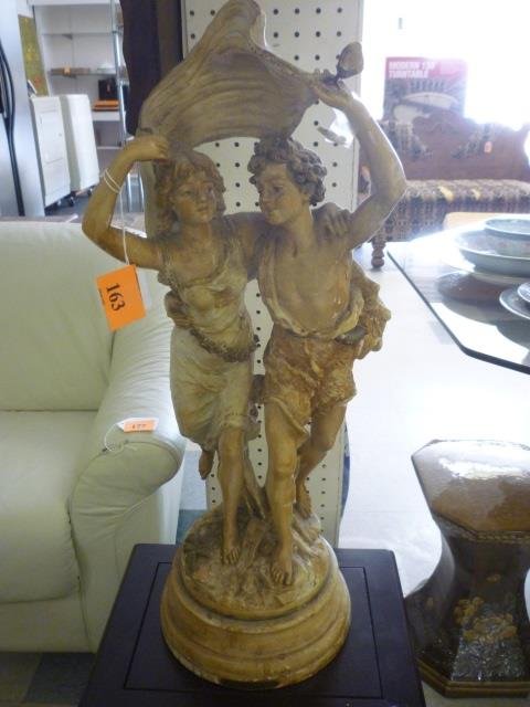 FIGURAL STATUE: "L'ORAGE" COUPLE RUNNING WITH A SCARF: SCARF OVER THIER HEADS. "THE STORM." SMALL PIECE OF MAN'S HAND HAS BEEN BROKEN.