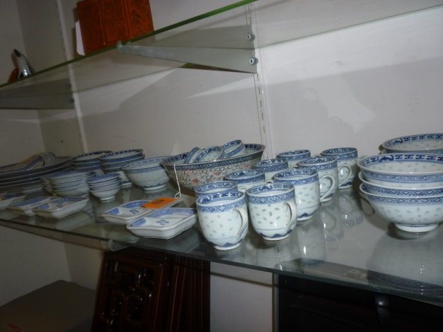 DINNERWARE: ASIAN STYLE BOWLS, SAUCE DISHES CUPS,: CUPS, PLATES, AND SOUP SPOONS.66 PIECES