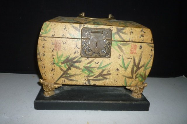 DECORATIVE BOX: ASIAN DESIGN WITH WOOD BASE AND METAL L: BASE AND METAL LATCH AND HANDLES