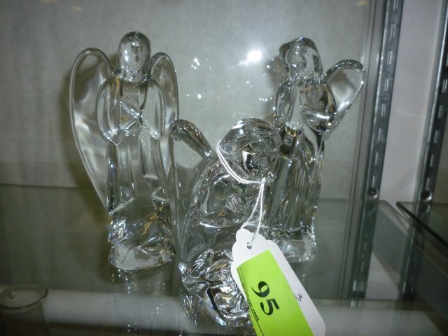 BACCARAT NATIVITY ANGELS (3) CLEAR CRYSTAL, ONE WITH HO: CLEAR CRYSTAL, ONE WITH HORN, ONE KNEELING AND ONE STANDING WITH ARMS CROSSED. MARKED "BACCARAT FRANCE" ON BOTTOM.