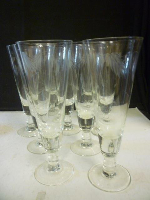 TALL BEVERAGE GLASSES: ETCHED WHEAT DESIGN, SET OF 9.: SET OF 9. APPROX. 9" TALL.