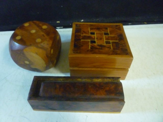 WOOD ITEMS: TRINKET BOX, LARGE DIE, AND WOODEN DICE SET: DICE SET IN BOX. THESE DICE HAVE MOTHER OF PEARL INLAYED NUMBERING. MADE IN MOROCCO. TRINKET BOX IS APPROX. 3" BY 3".