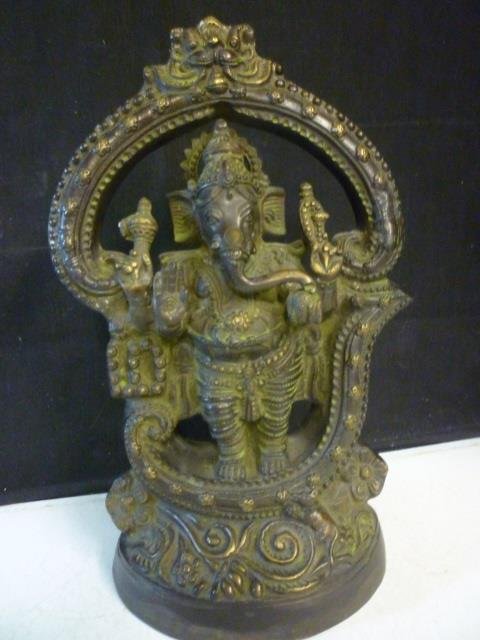 BRONZE STATUE: MIDDLE EASTERN STYLE BRONZE METAL: ELEPHANT FACED FIGURE, APPROX. 15" TALL. BASE 8" WIDE.