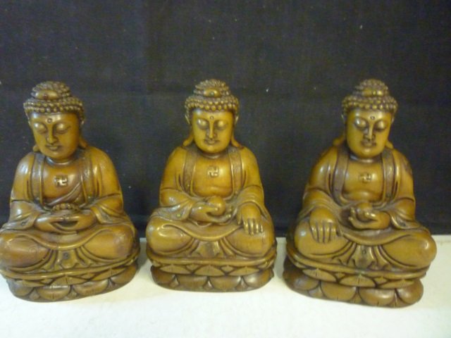 SOAPSTONE FIGURES: HIGHLY DETAILED WITH FLORAL: WITH FLORAL TEXTURING ON CLOTHING, CARVED SYMBOLS. SET OF 3