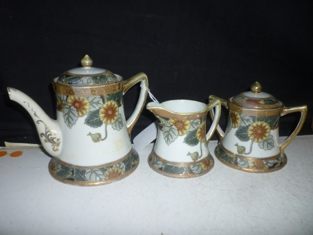 YAMATO NIPPON TEA POT, CREAMER, SUGAR: HAND PAINTED.: HAND PAINTED. GOLD TONE TRIM AND DETAILING.