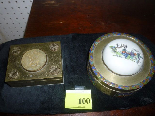 DECORATIVE BOXES: ASIAN STYLE. ONE METAL WITH JADE: JADE DECORATION ON TOP, MATCHING MATCH BOX HOLDER INSIDE WITH JADE DECORATION. ONE METAL WITH CLOISSONE AND HAND PAINTED DETAILING.