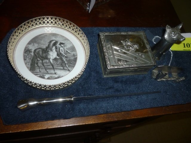 DECORATIVE ITEMS: HORSE THEMED TRAY, LETTER OPENER,: OPENER, TRINKET BOX, AND MORE