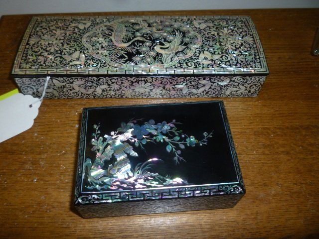 DECORATIVE BOXES: MOTHER OF PEARL AND BLACK PLASTIC.: AND BLACK PLASTIC. CARD BOX AND TRINKET BOX.