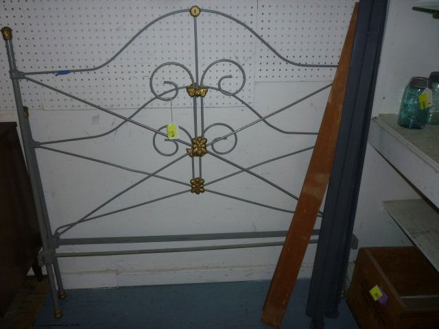 FULL BED FRAME AND HEADBOARD: METAL WITH GOLD TONED: METAL WITH GOLD TONED FLORAL MOTIF